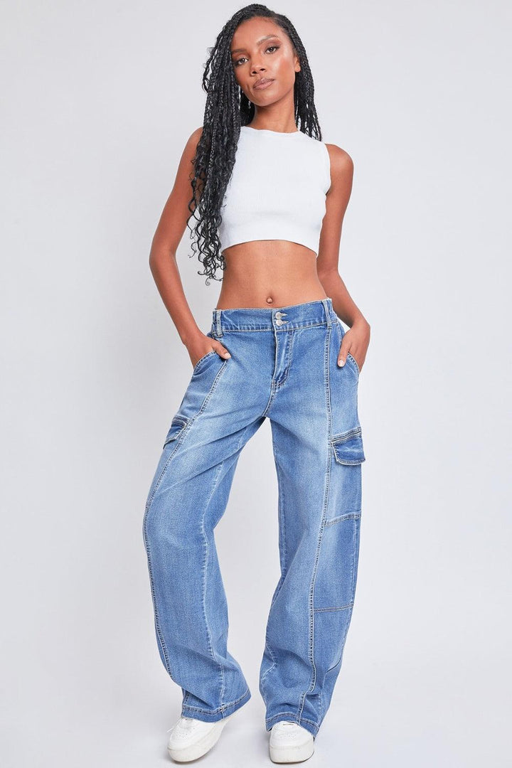 YMI Jeanswear High-Rise Straight Cargo Jeans Vintage Medium Wash Jeans