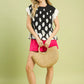Umgee Hexagon Print Peplum Top with woven straw crescent handbag