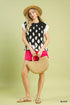 Umgee Hexagon Print Peplum Top with woven straw crescent handbag