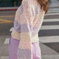 Pastel gradient knit cardigan with openwork pattern and ribbed cuffs