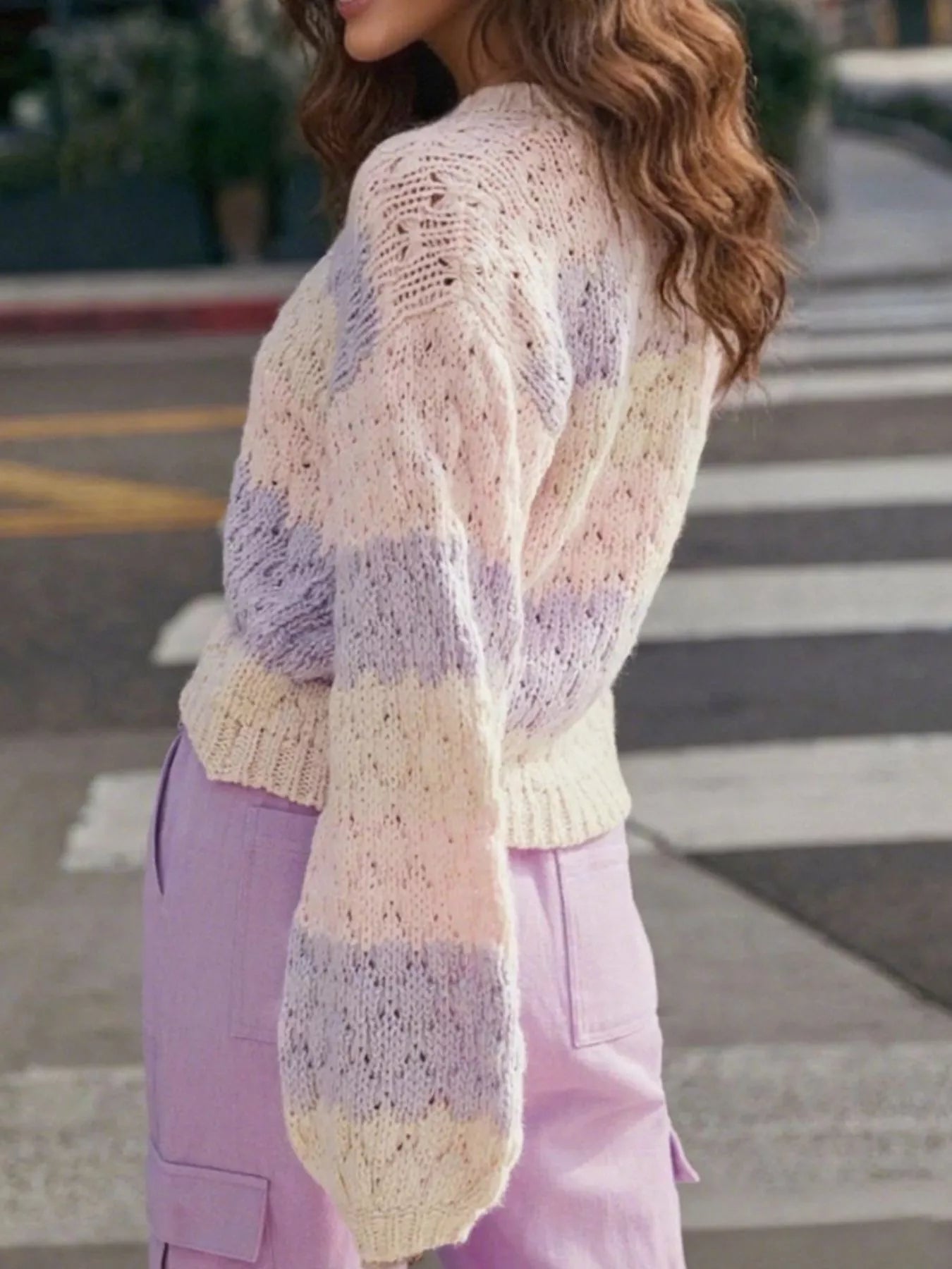 Pastel gradient knit cardigan with openwork pattern and ribbed cuffs