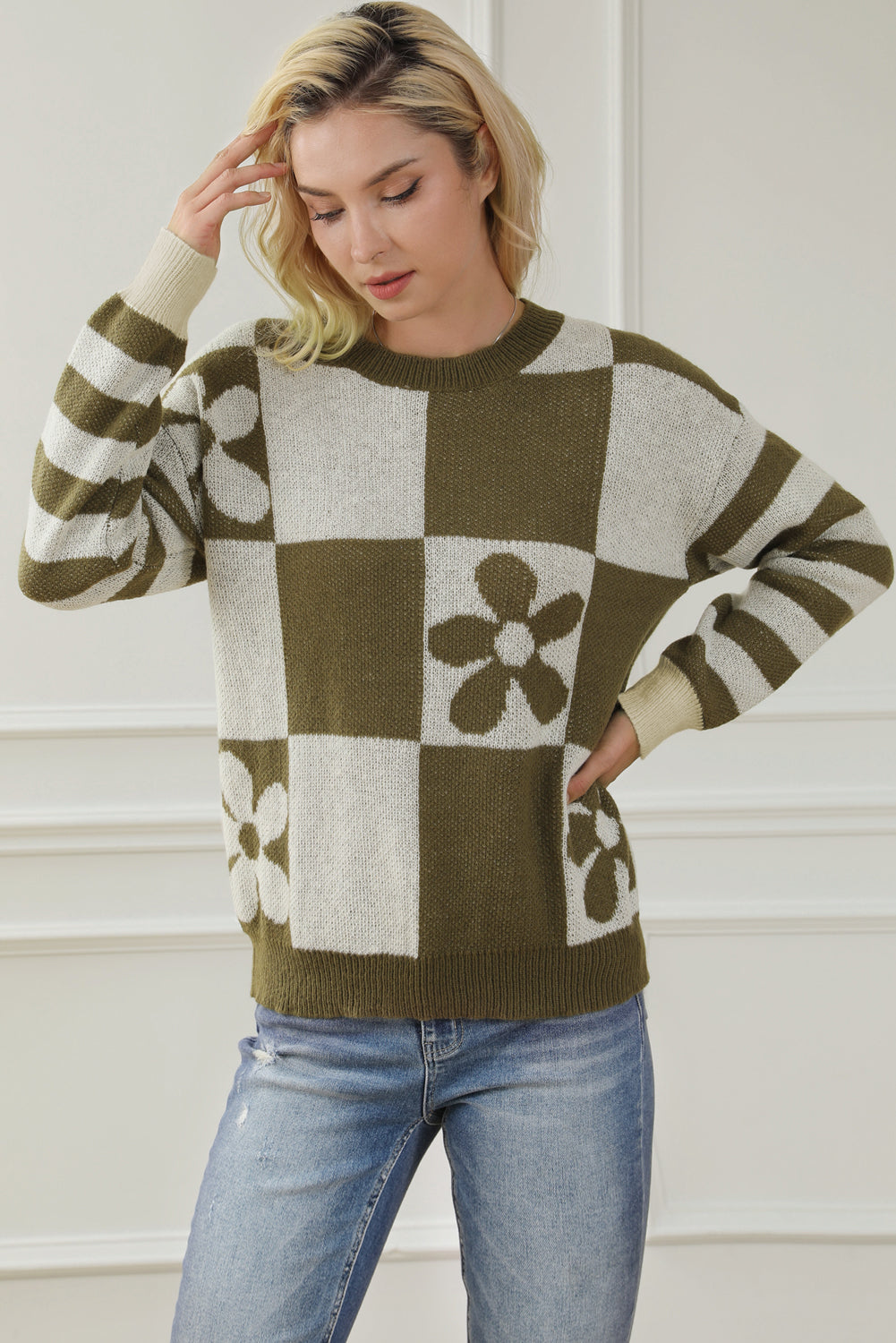 Checkered Floral Print Striped Sleeve Sweater | Sweaters Daverri Fashions