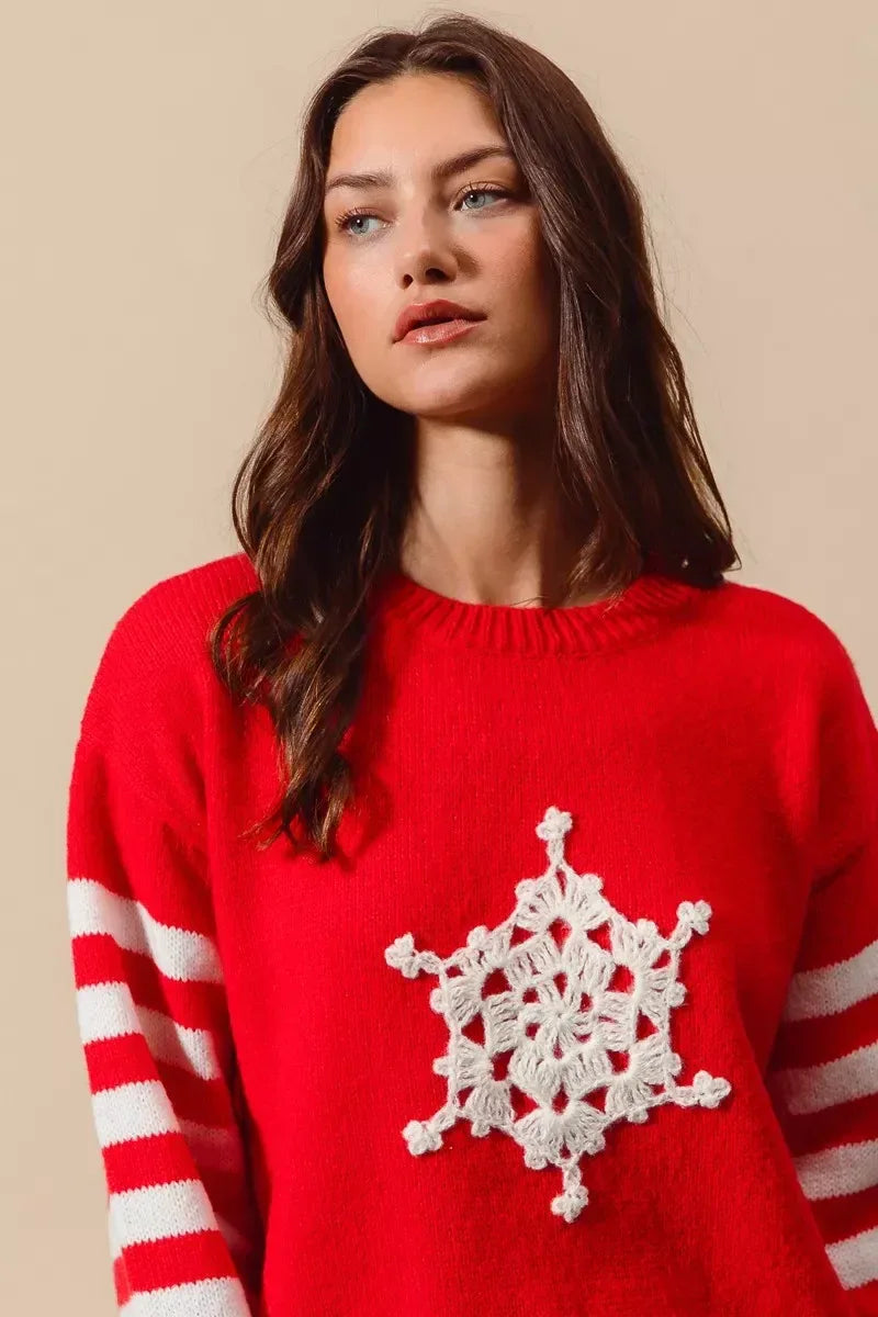 SO ME Christmas Snowflake Crochet Embellished Sweater - DAVERRI FASHIONS
