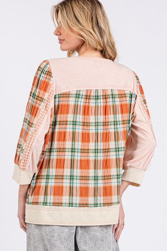 SAGE + FIG Exposed Seam Button Detail Plaid Top Tops