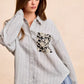BiBi Flower jacquard knit patch pocket stripe shirt, gray white stripes