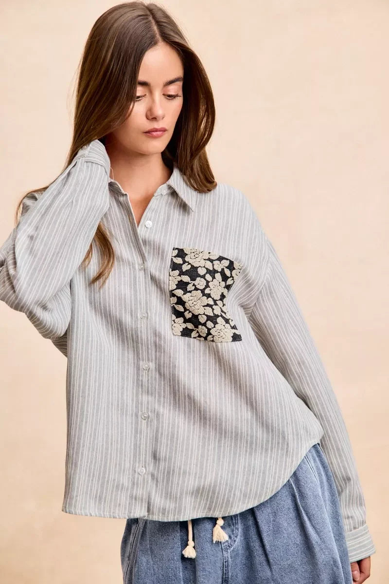 BiBi Flower jacquard knit patch pocket stripe shirt, gray white stripes