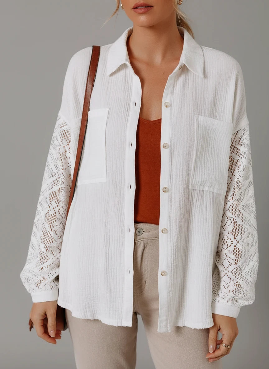 Womens lace sleeve button down cotton shirt in white