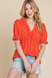 Lime 'N' Chili Solid Ruffled Deep V-Neck Puff Sleeve Babydoll Top | Tops Daverri Fashions