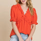 Lime 'N' Chili Solid Ruffled Deep V-Neck Puff Sleeve Babydoll Top - DAVERRI FASHIONS