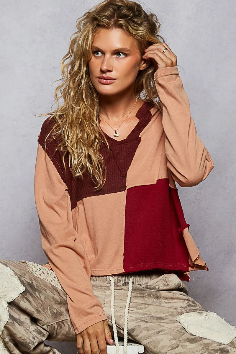 POL Color Block Notched Long Sleeve T-Shirt Burnt Coral T-Shirts