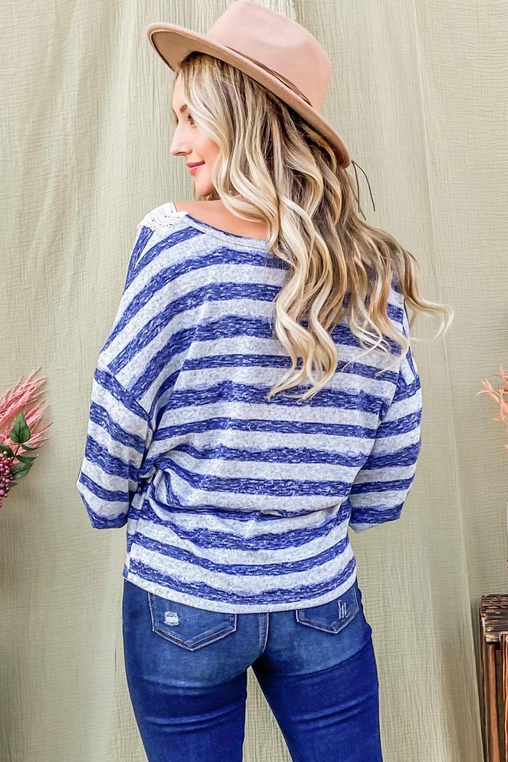 And The Why Striped Lace Detail V Neck Top - DAVERRI FASHIONS