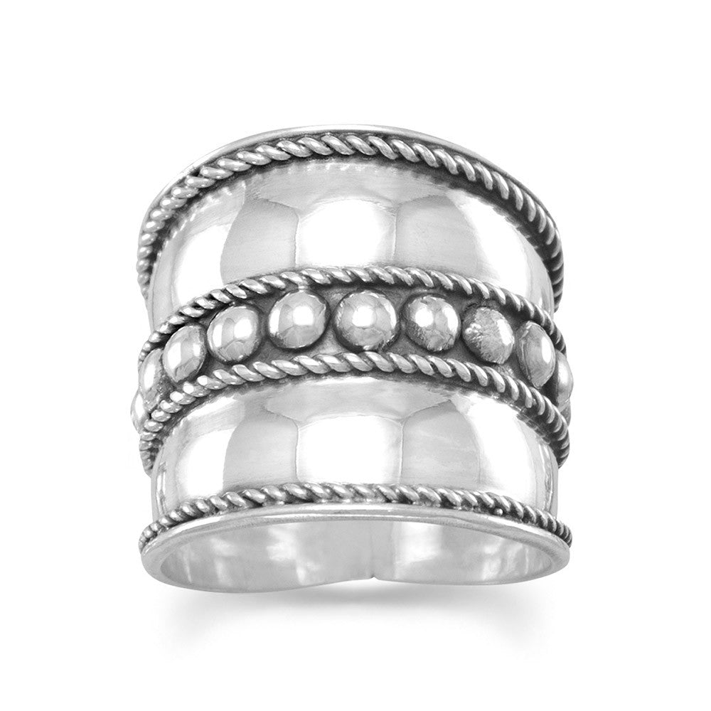 Bali Ring with Flat Beads in the Center and Rope Edge Rings