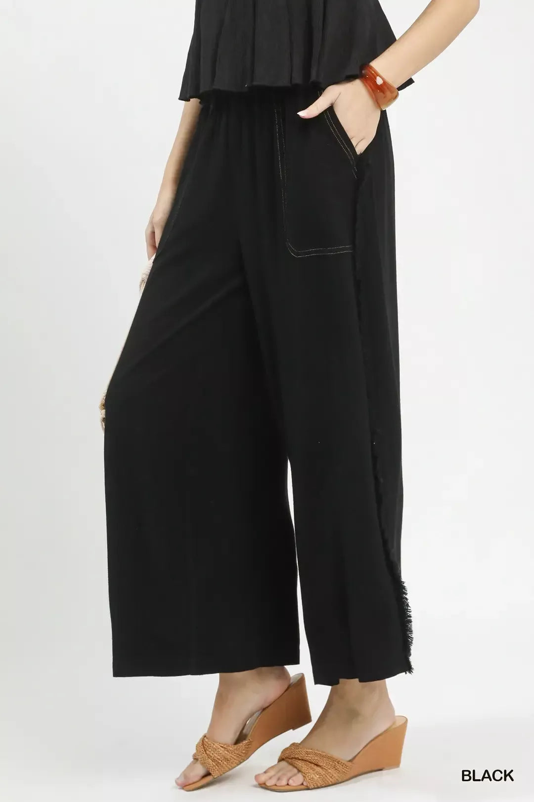 Umgee Linen Frayed Side Pocket Wide Leg Pants, black with frayed hem