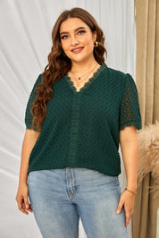 Dark Green Plus Size Swiss Dot Spliced Lace V-Neck Blouse | Blouses Daverri Fashions