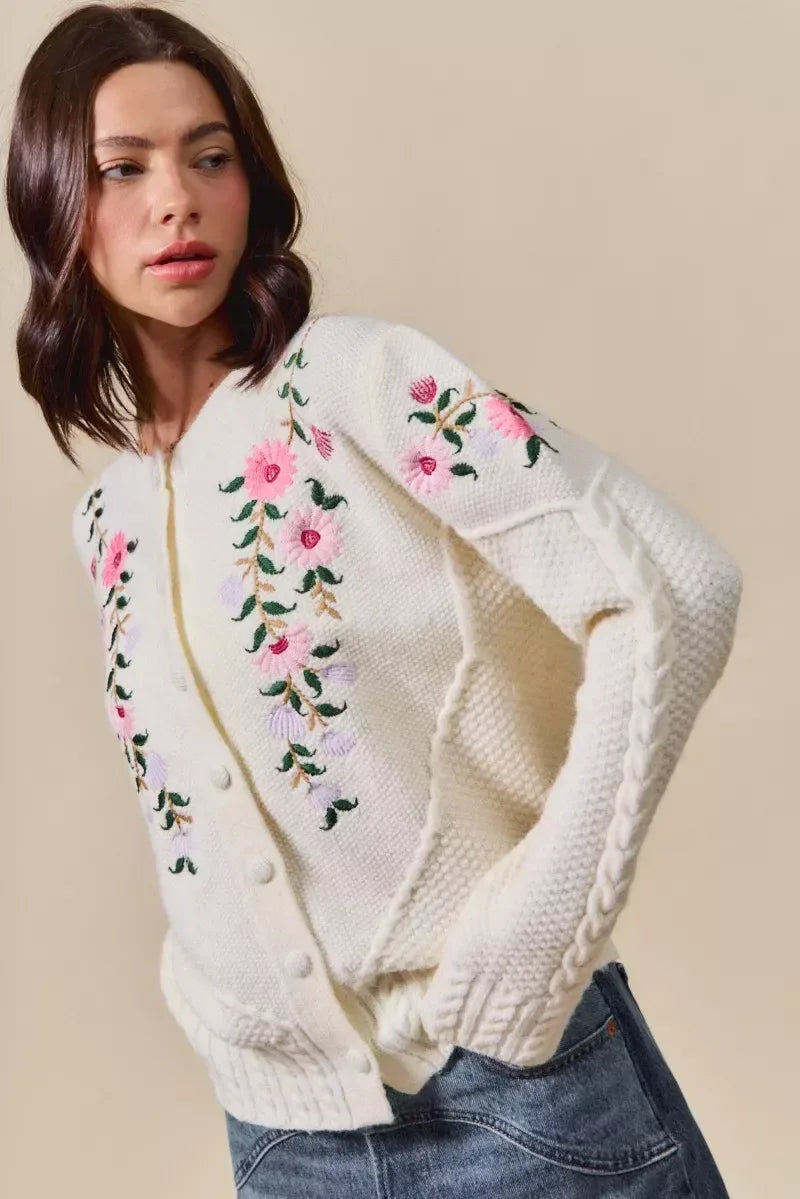 SO ME Floral Embroidered Coquette Sweater Cardigan - DAVERRI FASHIONS