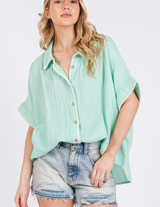 SAGE+FIG Boho Contrast Zigzag Trim Gauze Button-Up Shirt Shirts