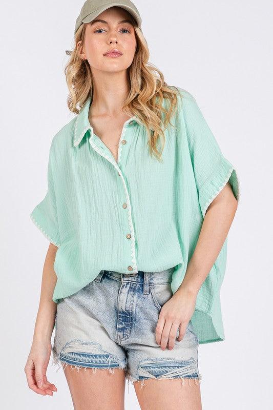 SAGE+FIG Boho Contrast Zigzag Trim Gauze Button-Up Shirt Shirts