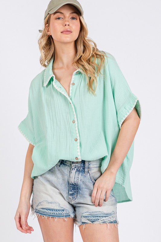 SAGE+FIG Boho Contrast Zigzag Trim Gauze Button-Up Shirt Shirts