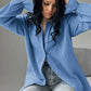 Light blue long-sleeved collared flounce sleeve cotton shirt