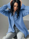 Light blue long-sleeved collared flounce sleeve cotton shirt