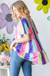 Heimish Full Size Short Sleeve Striped Tiered Top | Tops Daverri Fashions