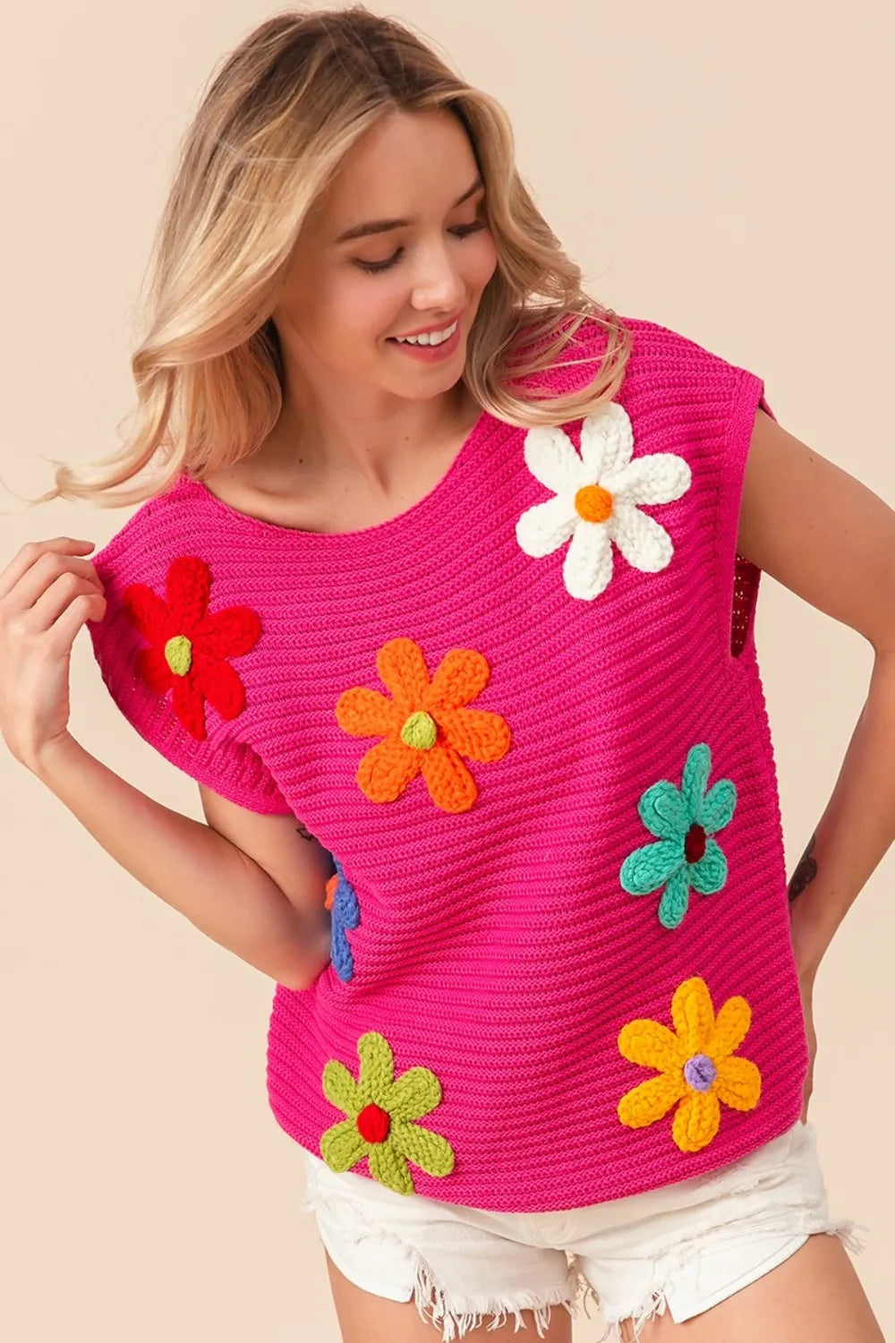 BiBi Flower Round Neck Cap Sleeve Knit Top Size L Tops