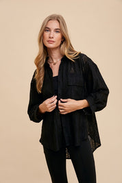 Annie Wear Openwork Button Down Drop Shoulder Shirt Black Tops