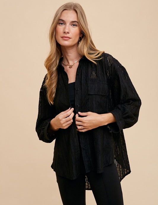 Annie Wear Openwork Button Down Drop Shoulder Shirt Black Tops