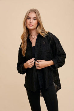Annie Wear Openwork Button Down Drop Shoulder Shirt - DAVERRI FASHIONS
