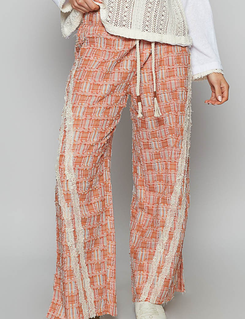 POL Lace Trim Drawstring Checkered Wide Leg Pants Orange