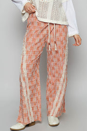 POL Lace Trim Drawstring Checkered Wide Leg Pants Orange