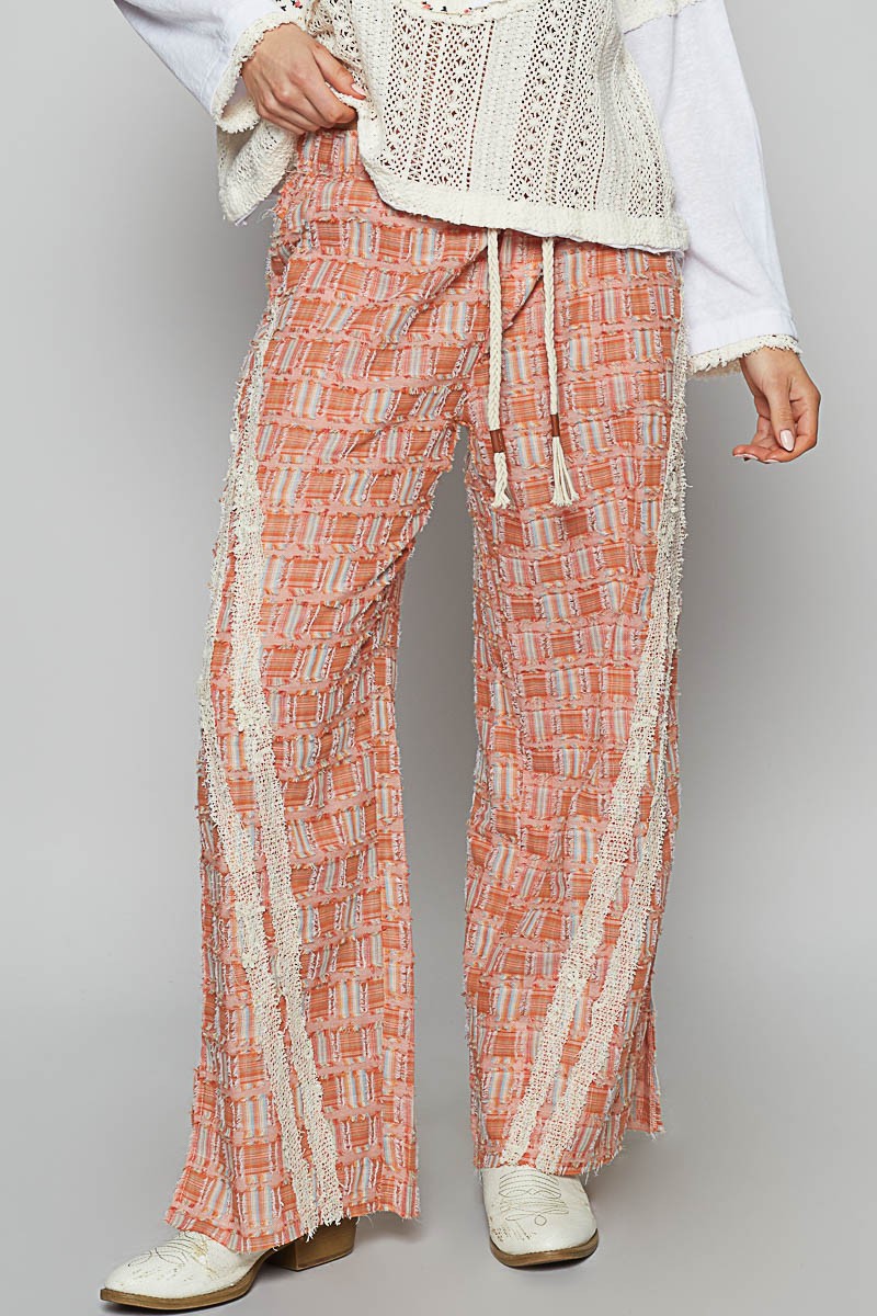 POL Lace Trim Drawstring Checkered Wide Leg Pants Orange