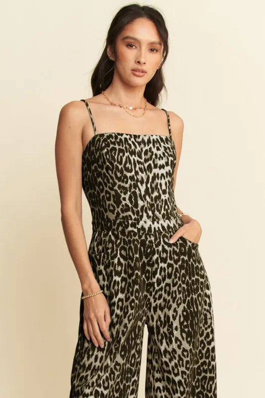Davi & Dani Leopard Spaghetti Straps Wide Leg Jumpsuit Jumpsuits
