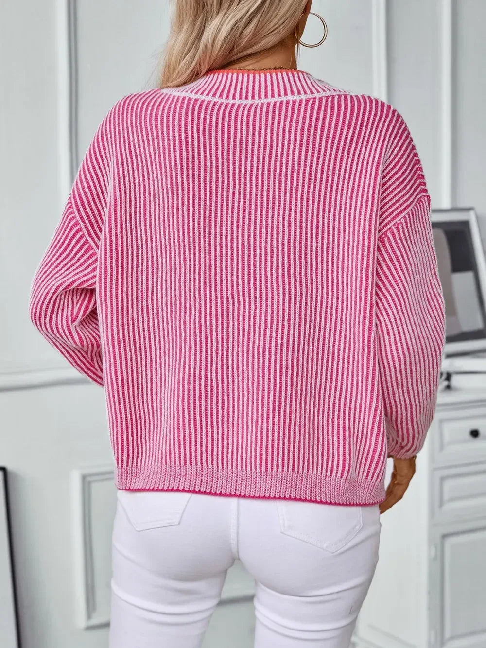 Striped V-Neck Long Sleeve Sweater - DAVERRI FASHIONS