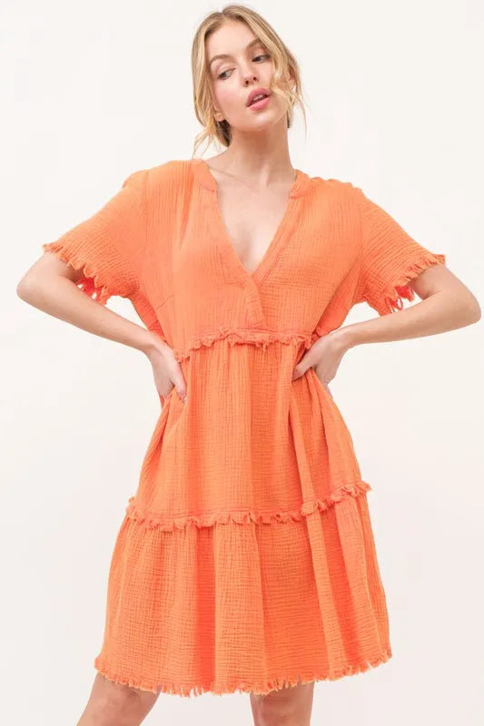 And The Why Washed Frayed Detail Tiered Dress Orange Knee Length Dresses