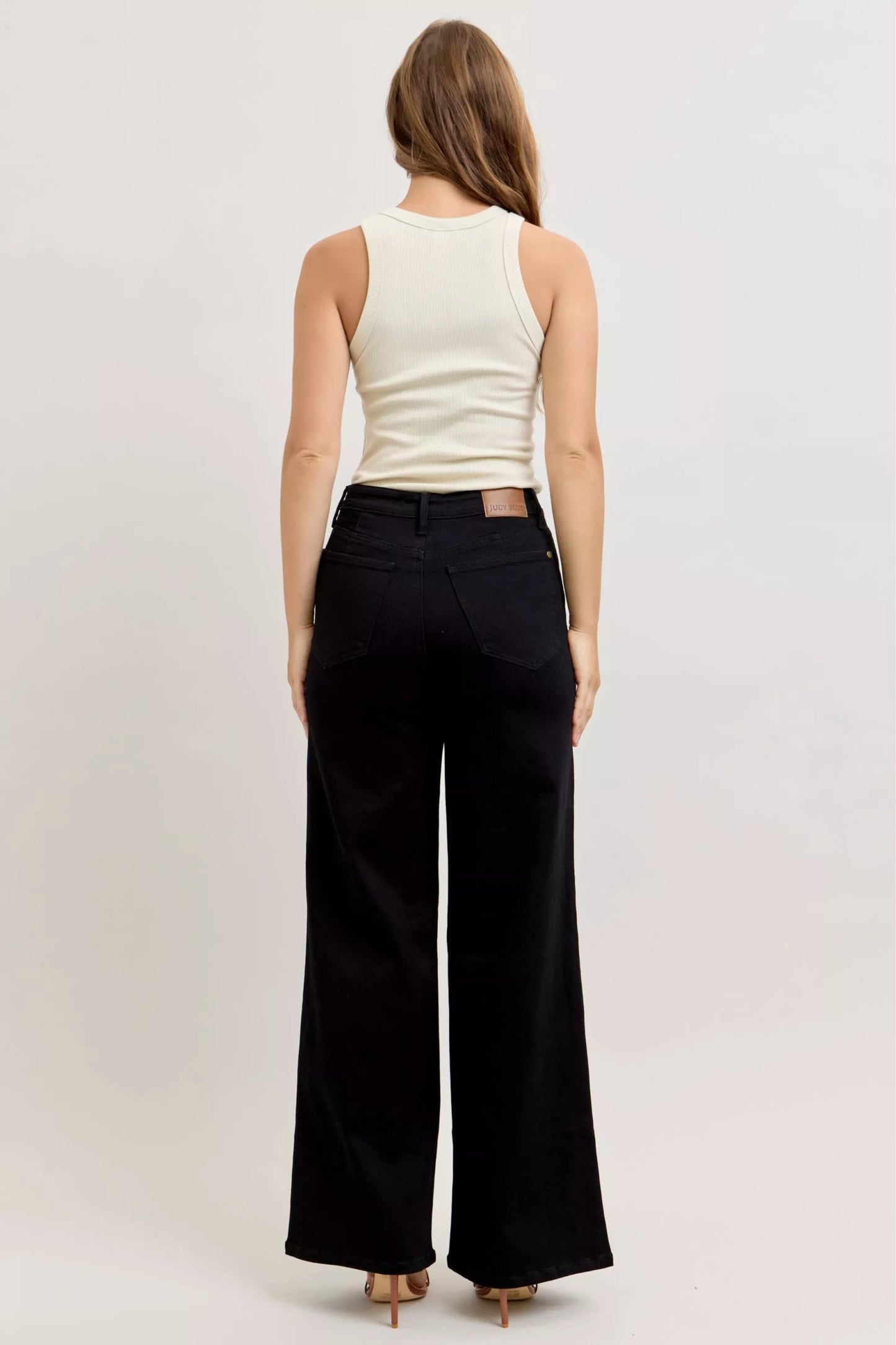 Judy Blue high-waisted wide-leg black denim jeans with straight cut and subtle stitching
