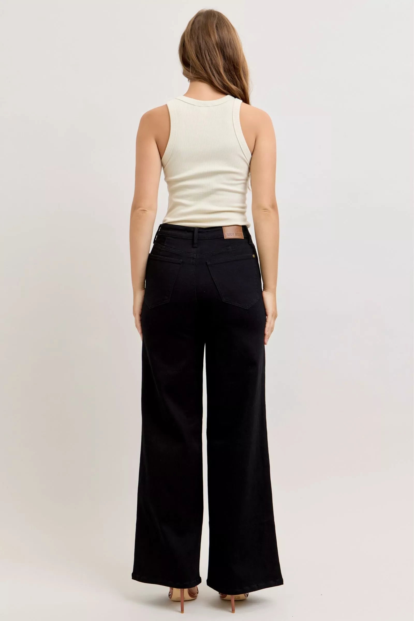 Judy Blue high-waisted wide-leg black denim jeans with straight cut and subtle stitching