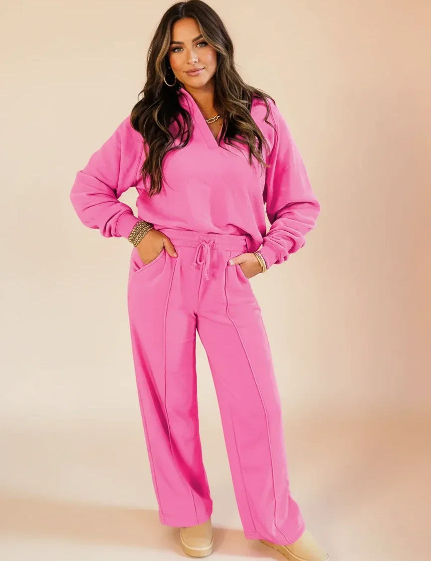 Daverri Fashions Solid Color Collared Pullover and Central Seam Pants Set - DAVERRI FASHIONS
