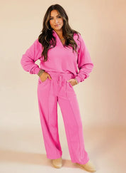 Daverri Fashions Solid Color Collared Pullover and Central Seam Pants Set - DAVERRI FASHIONS