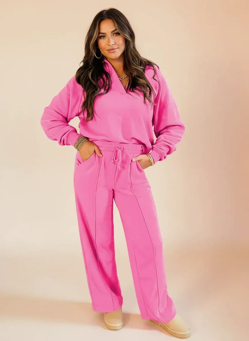 Daverri Fashions Solid Color Collared Pullover and Central Seam Pants Set - DAVERRI FASHIONS