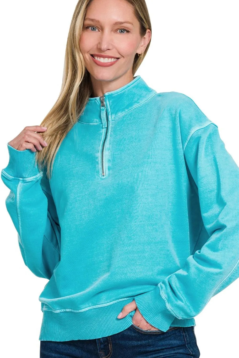 Zenana F/terry Pigment Dye & Enzyme Washing Half Zip Top ICE BLUE Tops