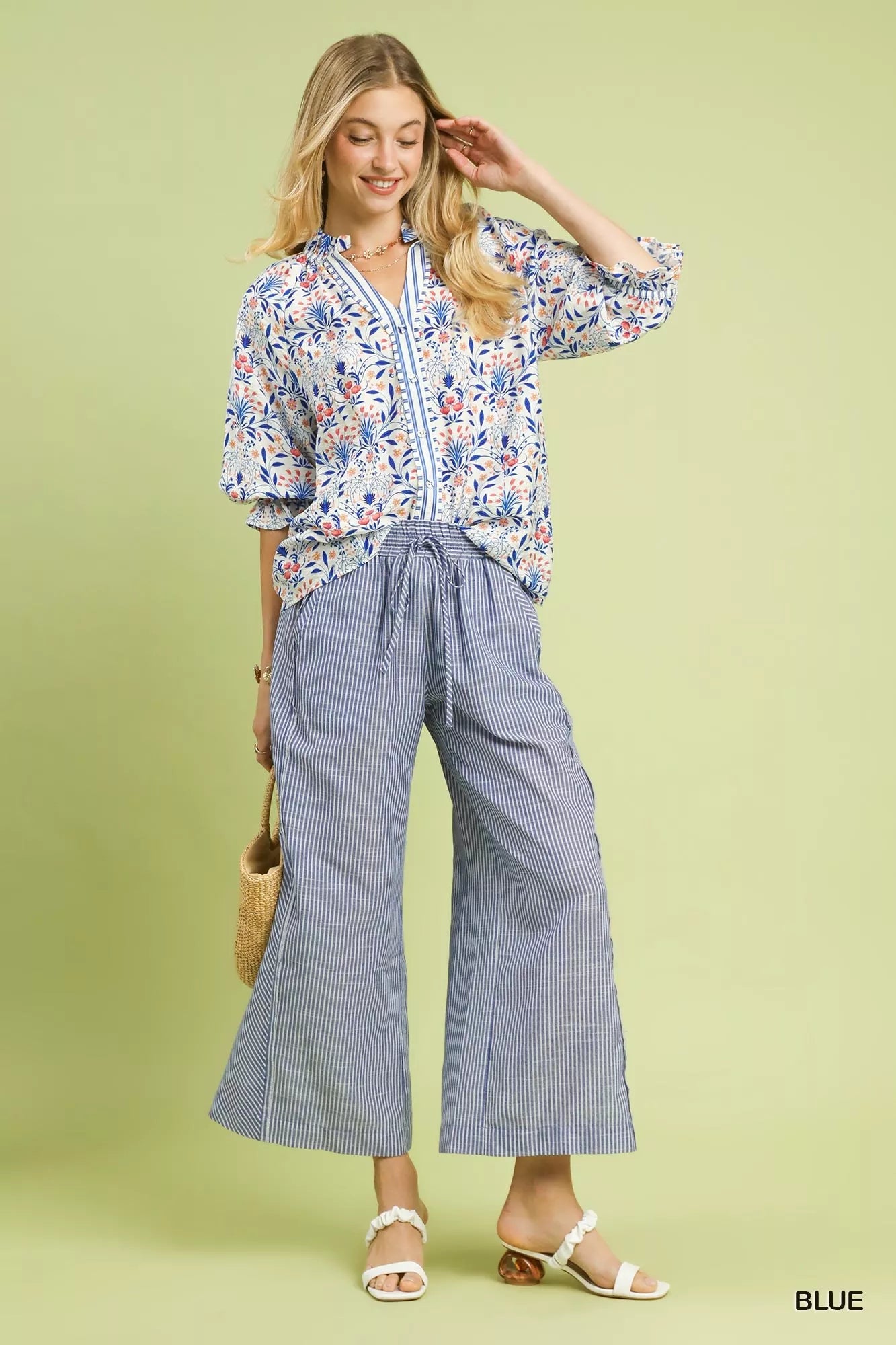 Umgee linen blend striped wide-leg pants in blue and white vertical stripes