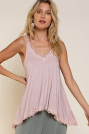 Lace Trim Halter Top with Back Strap PINK Shirts & Tops