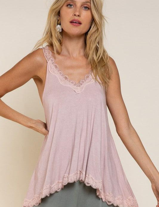 Lace Trim Halter Top with Back Strap PINK Shirts & Tops