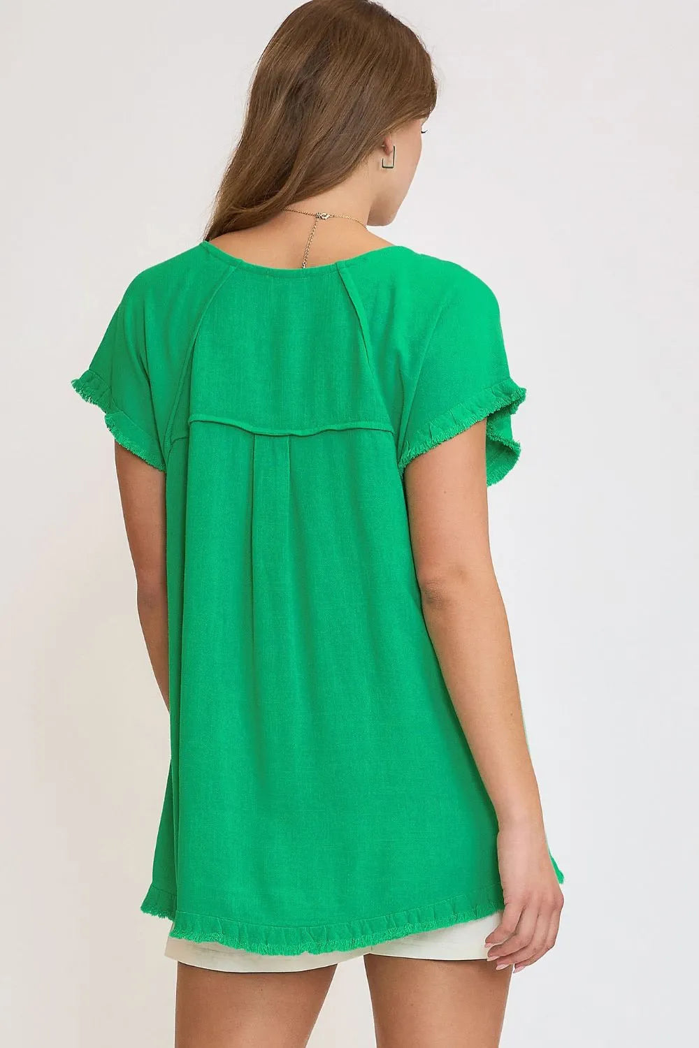 Umgee Full Size Seam Detail Linen Ruffle Fringe Edge Top Plus Size Tops