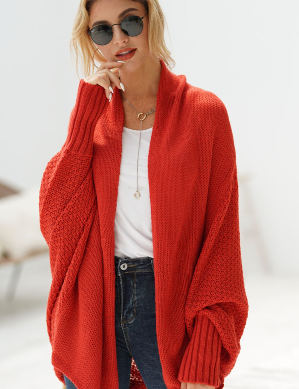 Red One Size Dolman Sleeve Open Front Ribbed Trim Longline Cardigan | Cardigans Daverri Fashions