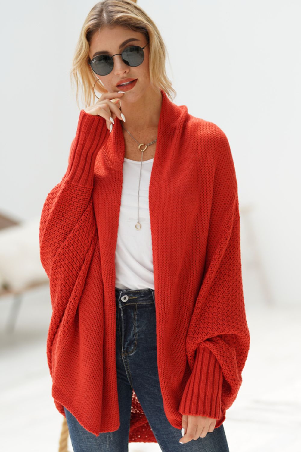 Red One Size Dolman Sleeve Open Front Ribbed Trim Longline Cardigan | Cardigans Daverri Fashions