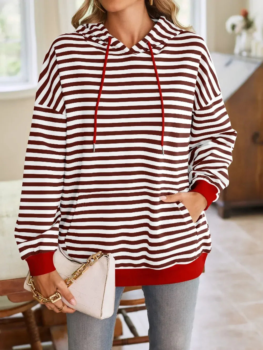 Lovelet Drawstring Striped Long Sleeve Hoodie - DAVERRI FASHIONS