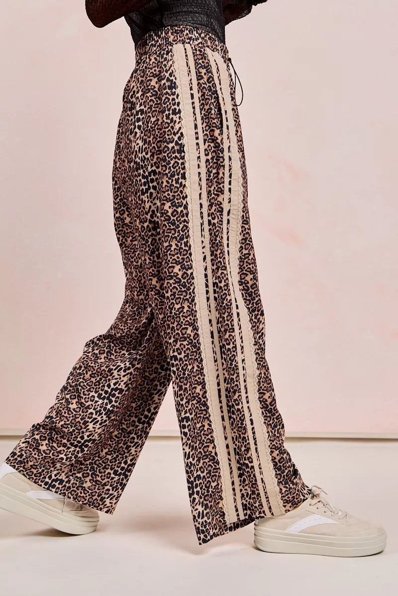 BiBi Leopard Printed Track Pants with Side Contrast Lace | Loungewear Bottoms Daverri Fashions