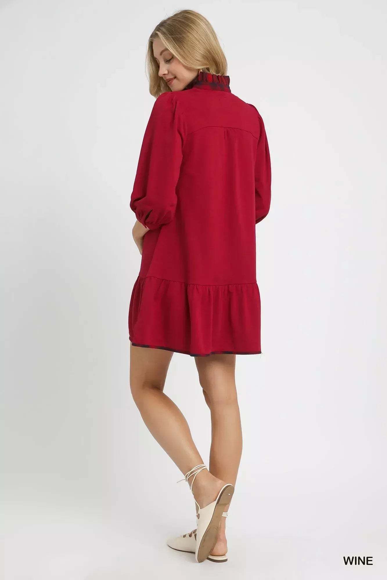 Umgee French Terry Ruffle Hem Dress with Plaid Trim - DAVERRI FASHIONS